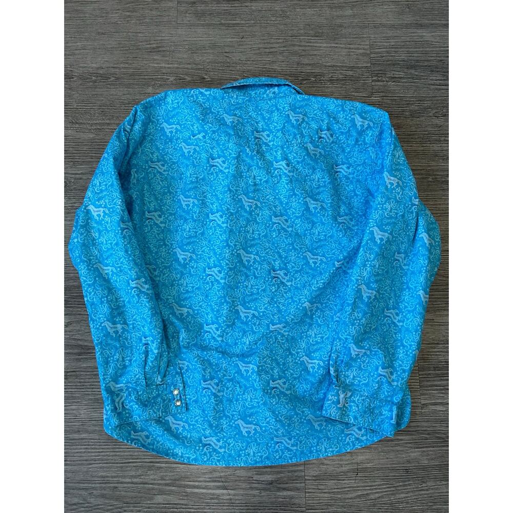 Wrangler Blues Shirt Large L Womens Blue Cowgirl Horse Print Western Pearl Snap - Picture 7 of 7